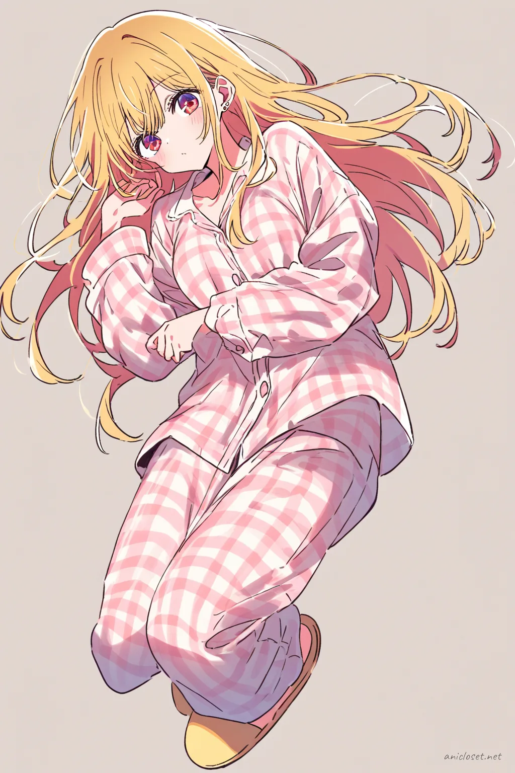 Full-body three-quarter view illustration of Ai Hoshino wearing a long-sleeve flannel pajama top and matching plaid pants with cozy slippers, minimal makeup, and simple stud earrings on a clean studio background
