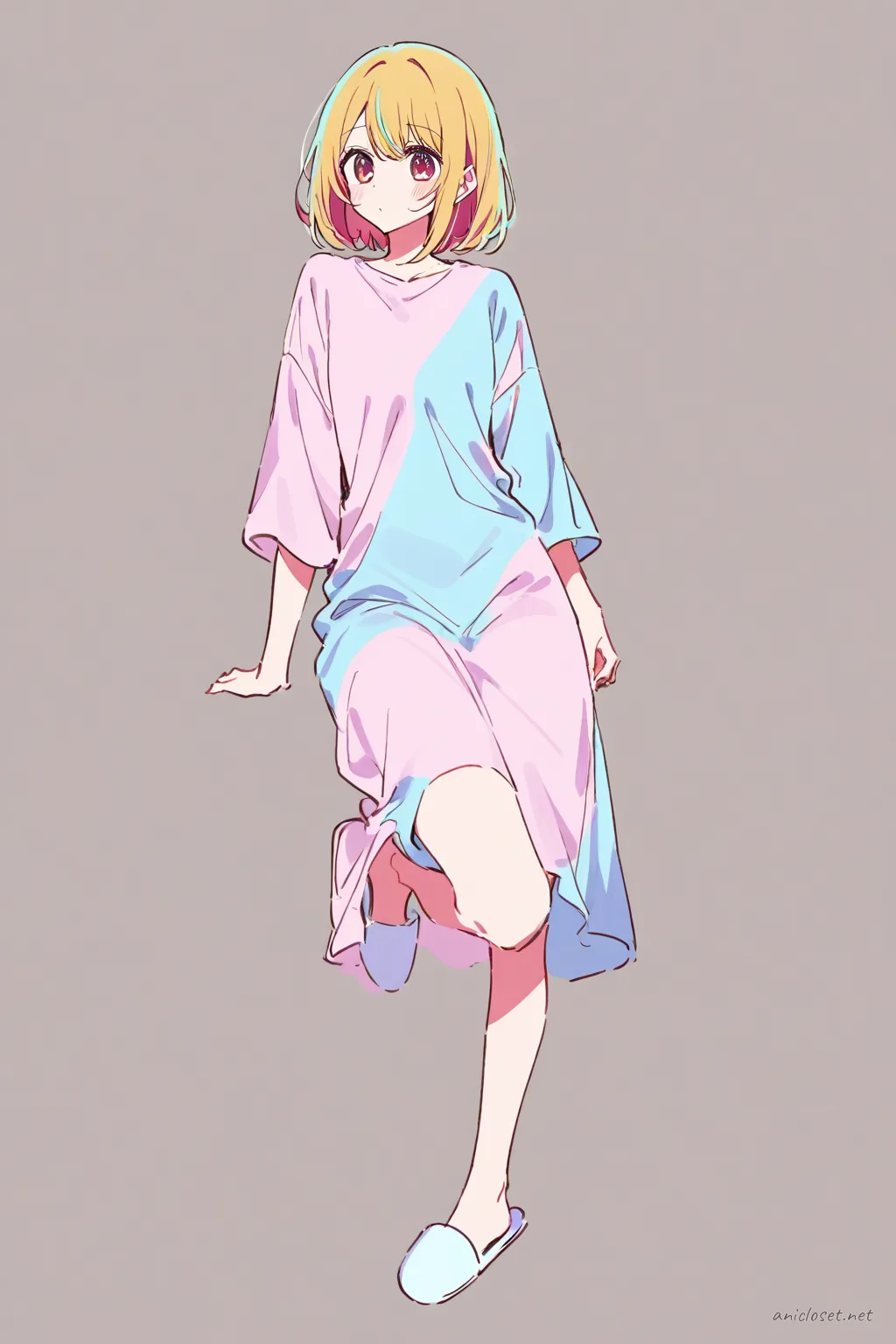 Full-body three-quarter view of Ai Hoshino wearing a soft pastel ankle-length robe over a short sleeve simple tee dress, paired with slip-on slippers and cozy socks in an indoor setting