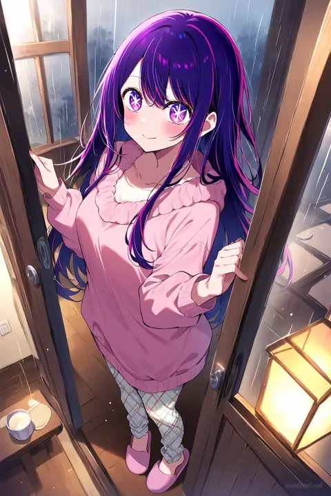 Full-body illustration of Ai Hoshino in a long chunky knit tunic over patterned leggings, wearing a cozy knit scarf, holding a warm ceramic mug, standing by a balcony door with rain-streaked glass