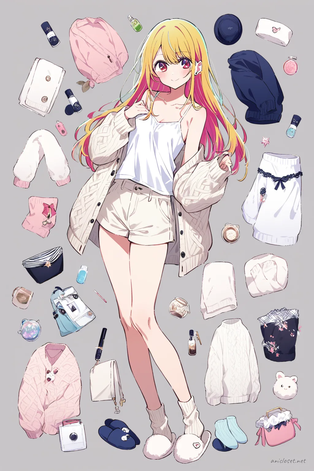 Full-body illustration of Ai Hoshino standing in a light pastel oversized knit cardigan, white cotton camisole, soft ribbed lounge shorts, optional terry cloth hair towel, fluffy indoor slippers, minimal silver stud earrings, and delicate anklet against a clean studio background