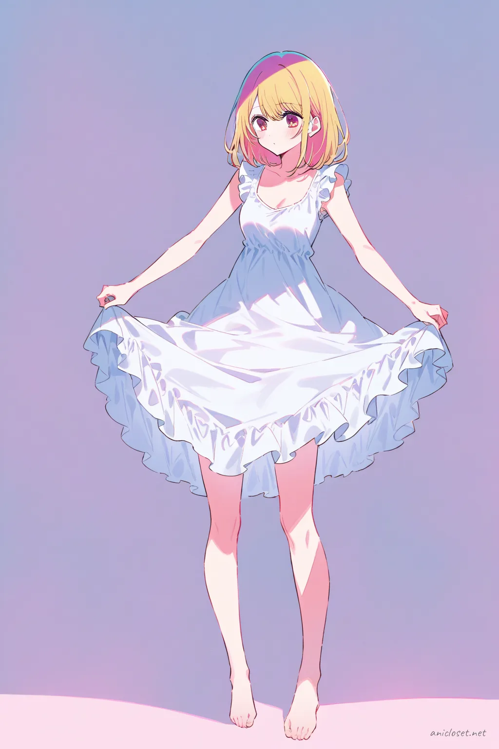 Illustration of Ai Hoshino wearing a soft pink sleeveless lounge dress with ruffle hem and bow accent, shown knee-up in soft studio lighting