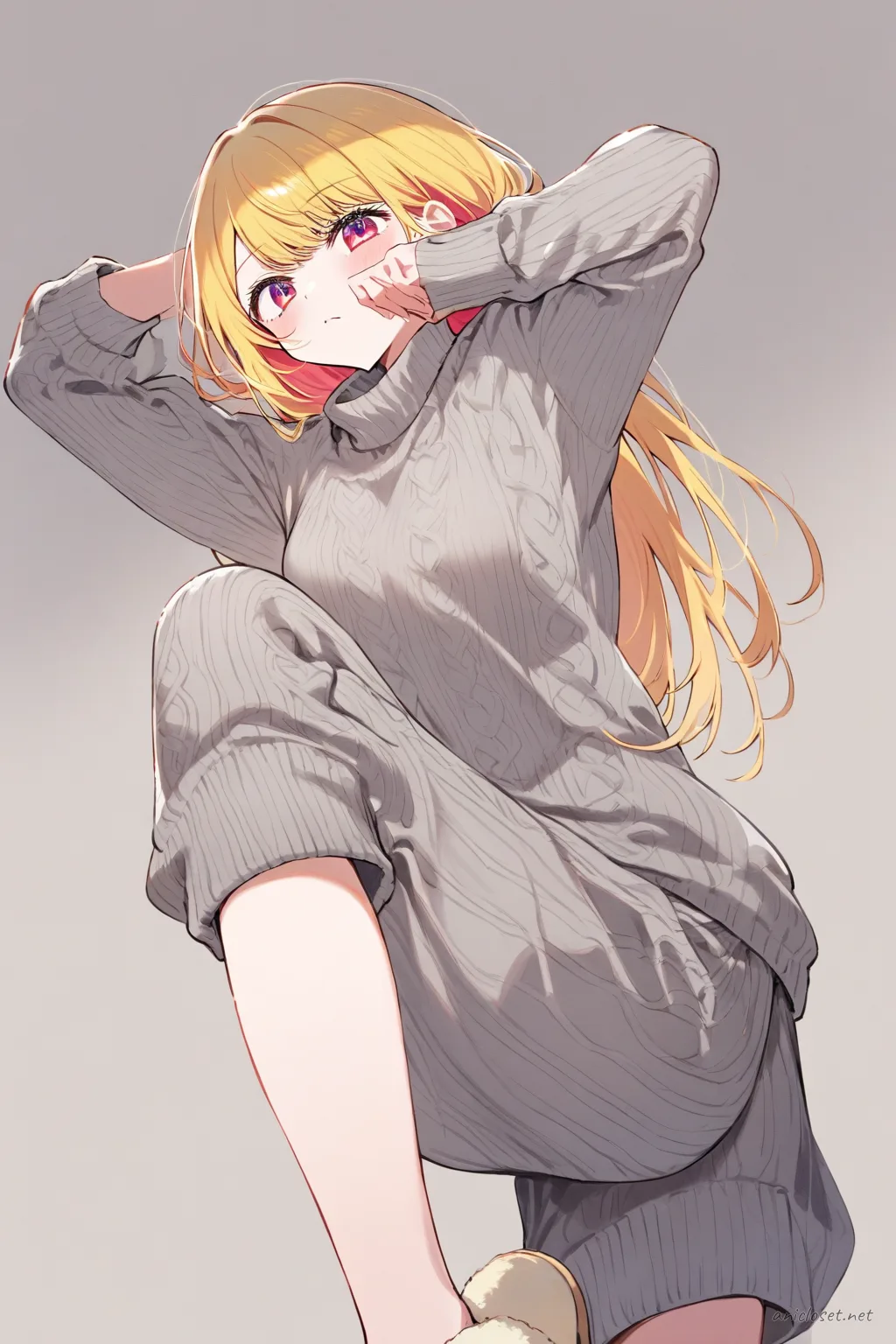 Full-body three-quarter view illustration of Ai Hoshino wearing a gray knit lounge sweater and shorts, cozy wool socks, soft indoor slippers, and minimal silver stud earrings against a clean studio background