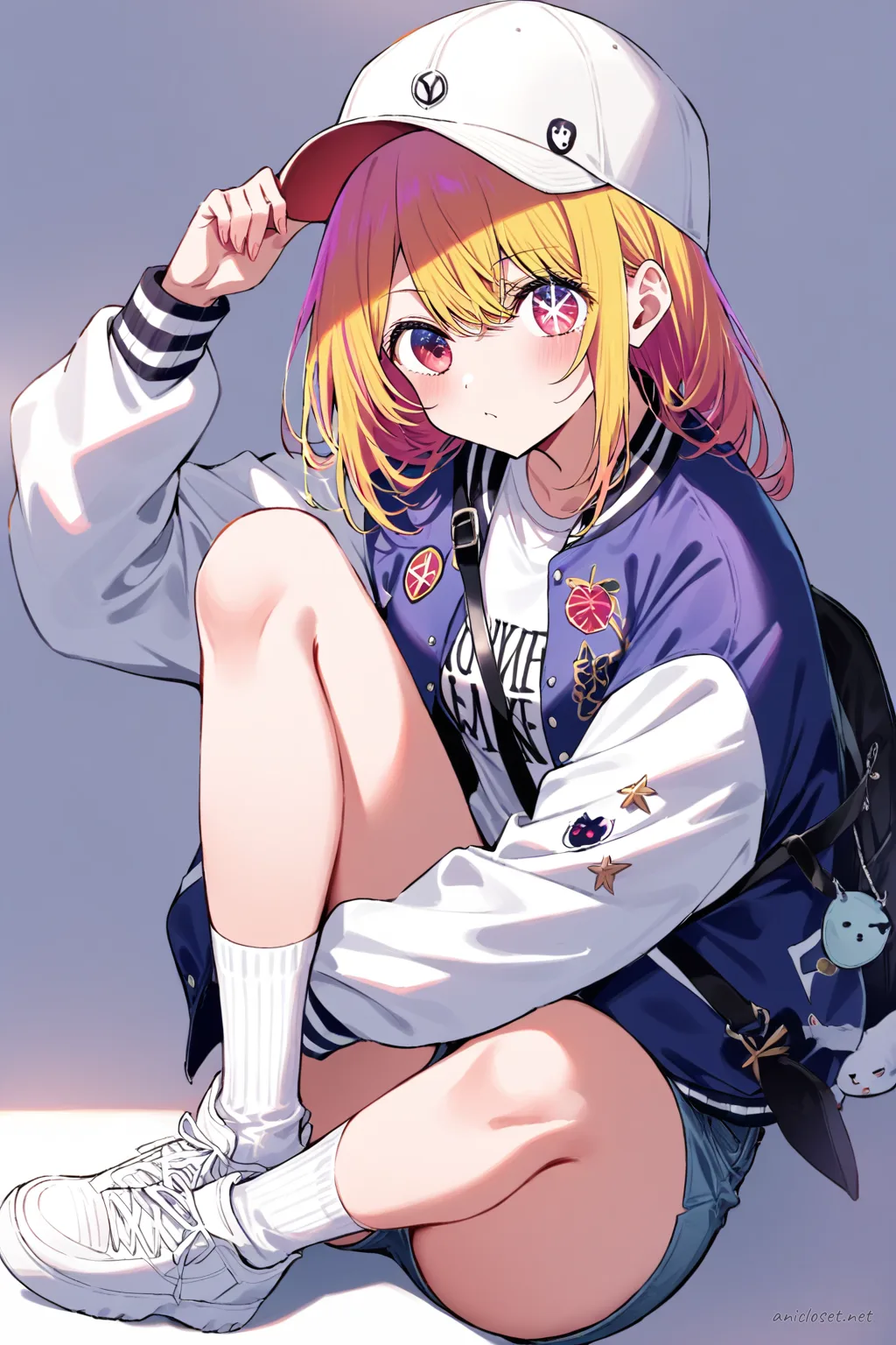 Full-body illustration of Ai Hoshino in a varsity jacket, white graphic t-shirt, high-waisted denim shorts, black fishnet tights, and chunky white sneakers against a clean studio background
