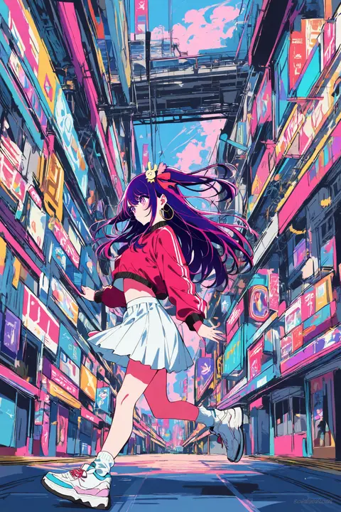 Ai Hoshino wearing a cropped bomber jacket and short pleated tennis skirt, standing under elevated train tracks with a motion blur train overhead
