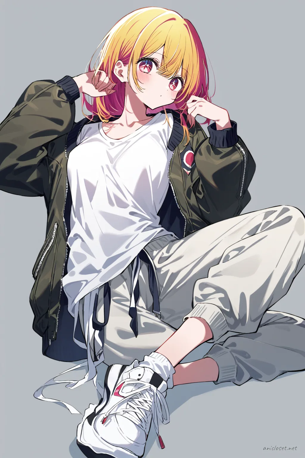 Full-body three-quarter view of Ai Hoshino wearing a black bomber jacket, white graphic t-shirt, gray joggers, white chunky sneakers, black crossbody bag, silver hoop earrings, and black wristwatch on a simple studio background