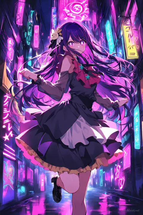 Ai Hoshino in a white frilly blouse and black short skirt walking in a narrow neon alley with glowing signs, wearing black platform shoes and black ribbon hair accessory