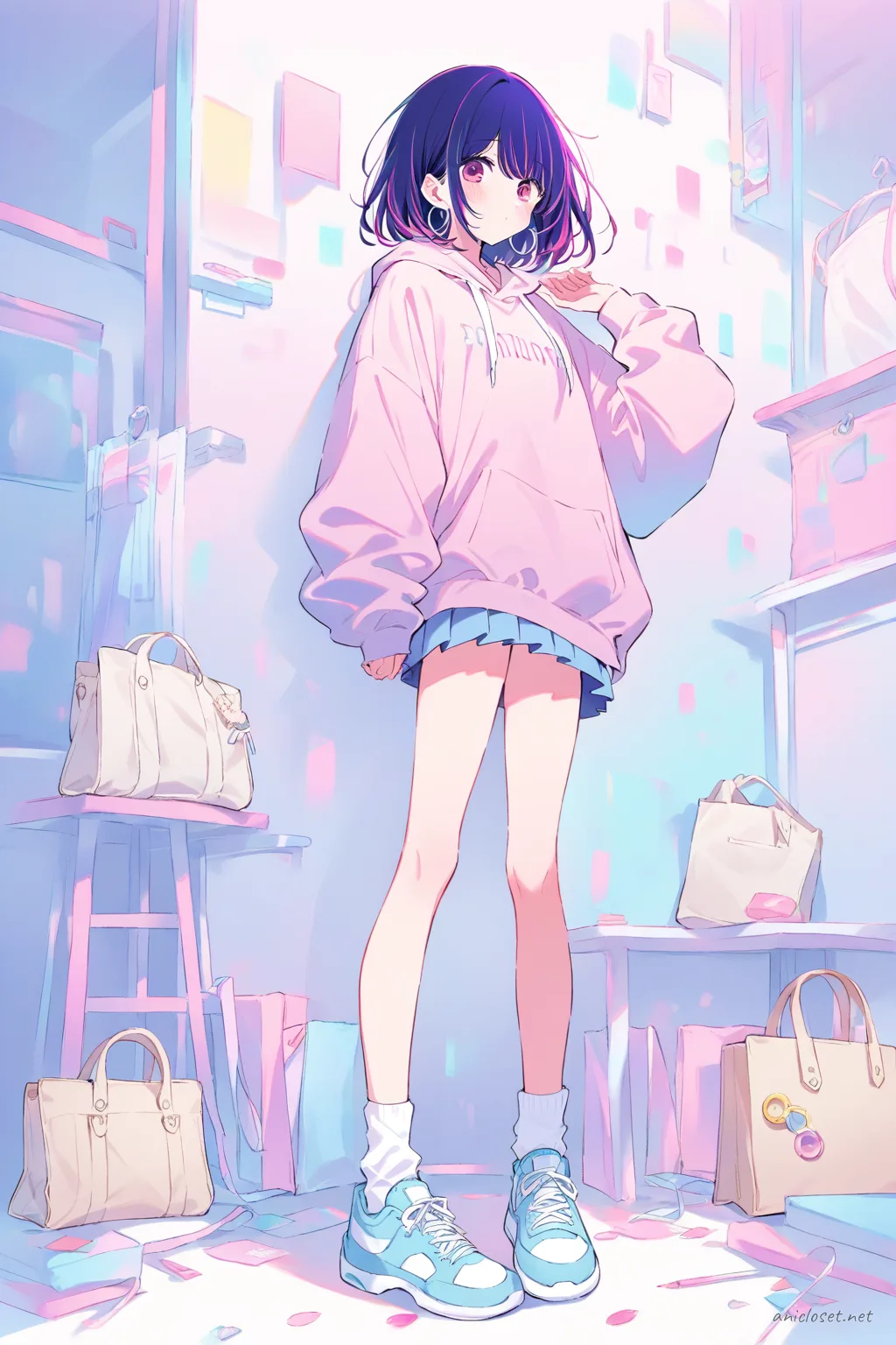 Full-body illustration of Ai Hoshino in pastel pink oversized hoodie, mint green wide-leg cargo pants, white chunky sneakers, and cream tote bag, standing against a clean studio backdrop