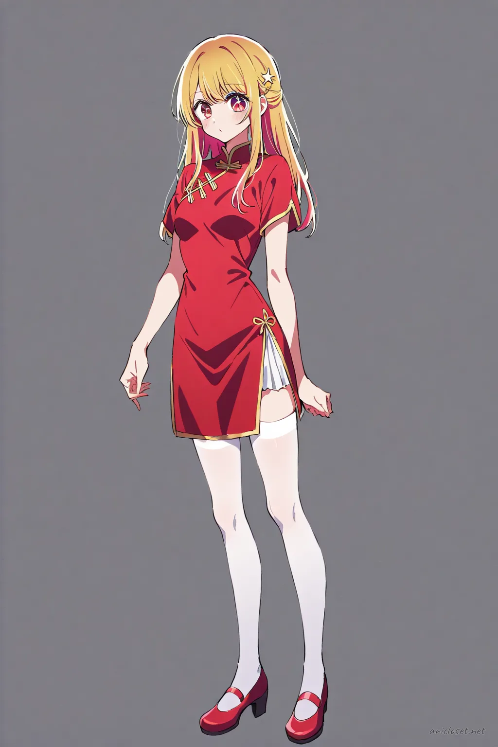 Full-body illustration of Ai Hoshino standing in a classic red qipao with gold trim, high mandarin collar, short sleeves, knee-length hem, black low-heeled Mary Janes, and sheer nude stockings against a clean studio backdrop