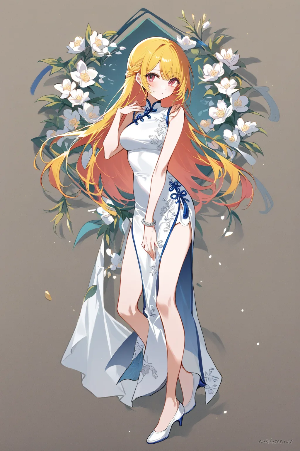 Full-body illustration of Ai Hoshino wearing a navy cheongsam with subtle floral embroidery, standing in a clean studio backdrop with white satin pumps.