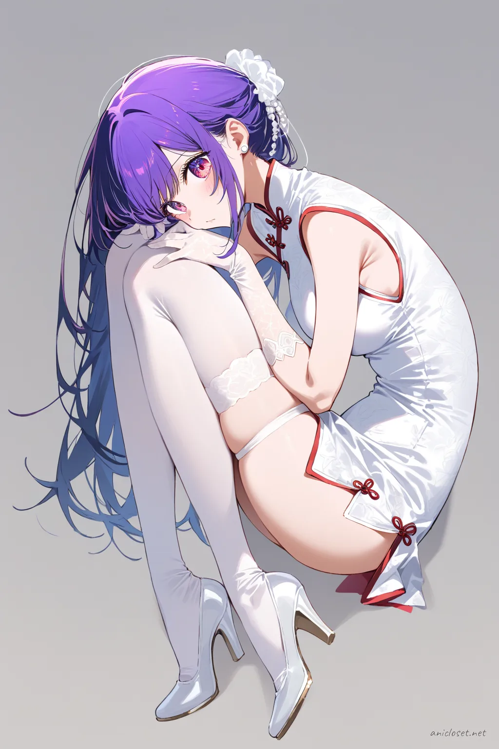 Full-body three-quarter view illustration of Ai Hoshino wearing a white silk qipao with high side slit, mandarin collar, sleeveless design, white silk gloves, sheer stockings, and white kitten heels against a clean studio background