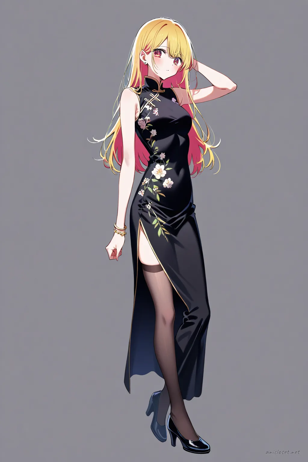 Full-body illustration of Ai Hoshino standing in a black sleeveless qipao with high collar and side slits, wearing black sheer stockings and Mary Jane shoes against a clean studio background