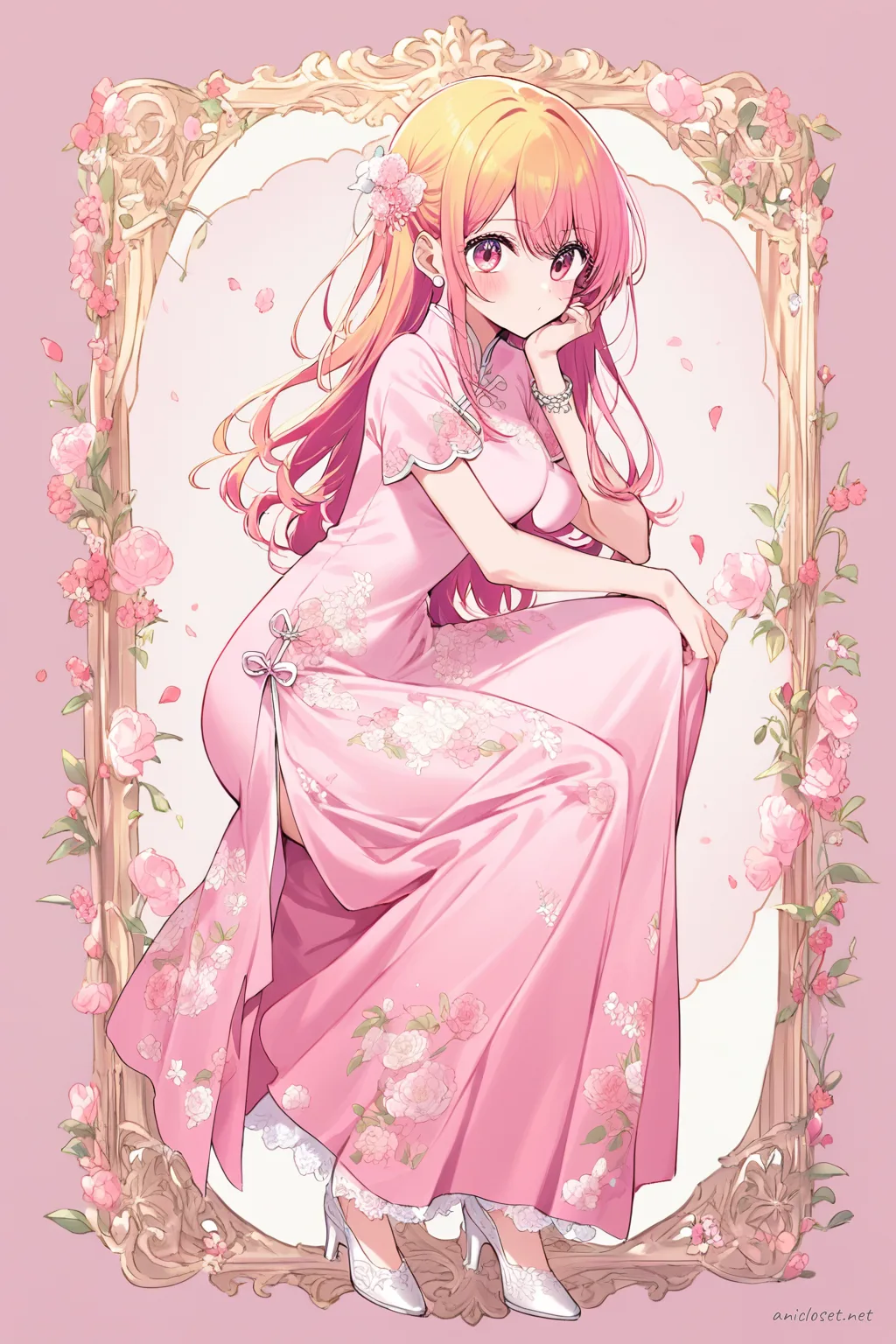 Full-body three-quarter view illustration of Ai Hoshino wearing a pastel pink qipao with floral embroidery, mandarin collar, side slit, white lace trim, pearl earrings, white kitten heels, and a silver bracelet against a simple studio background