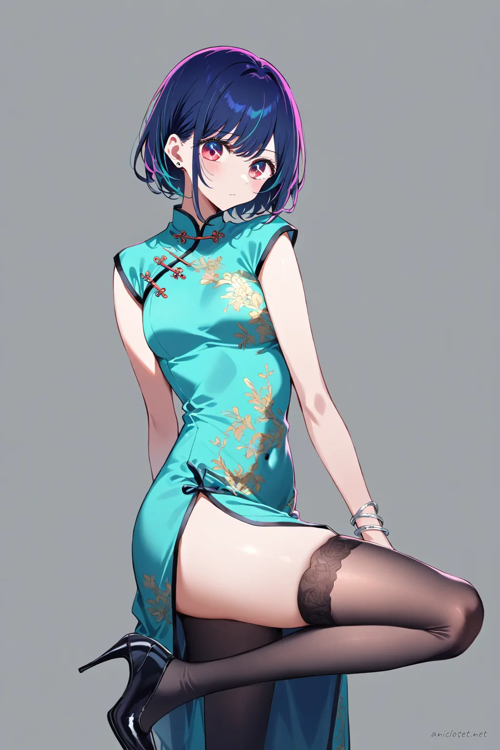 Illustration of Ai Hoshino wearing a teal sleeveless qipao with high slit and mandarin collar, paired with black stiletto heels under soft studio lighting