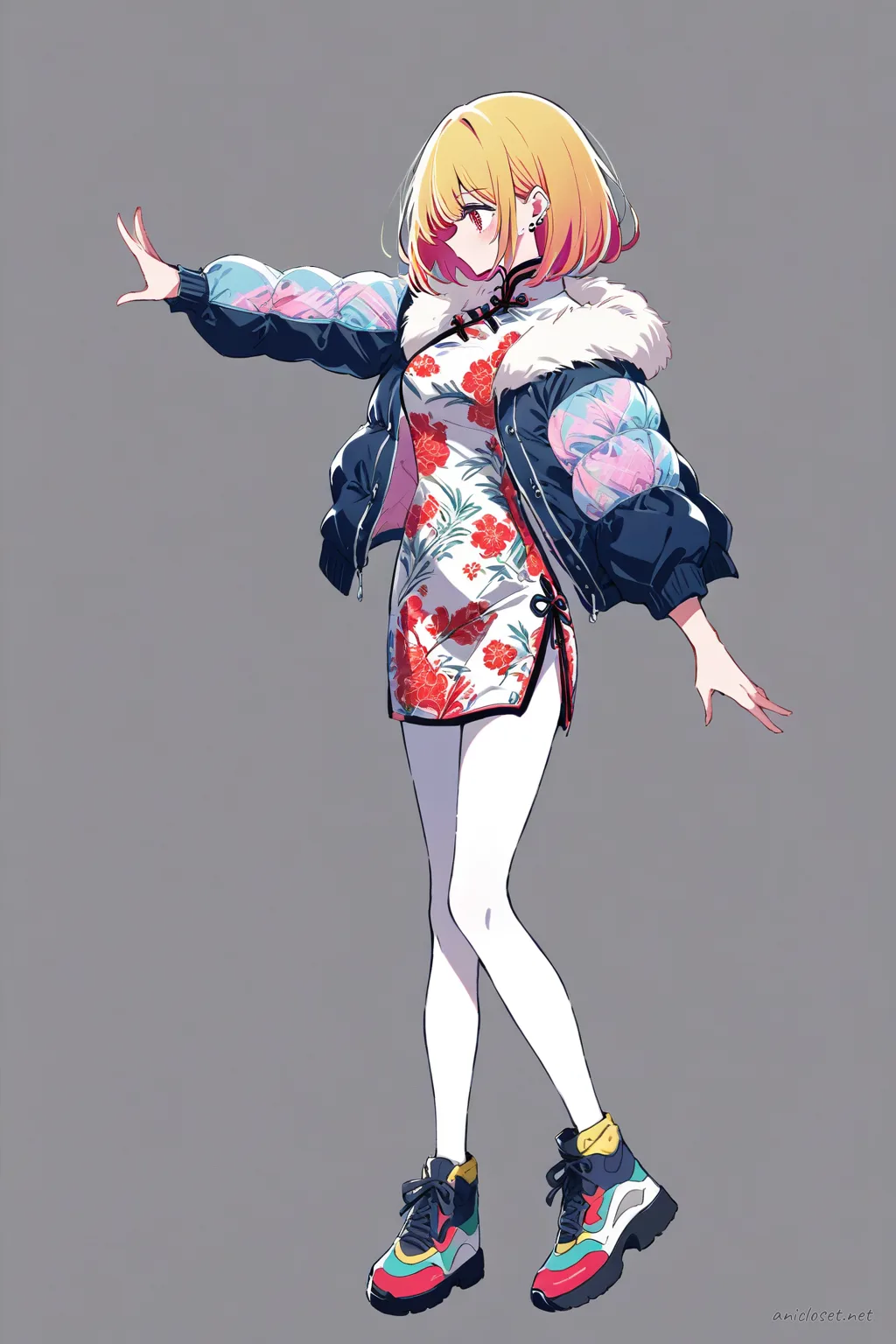 Full-body illustration of Ai Hoshino in a winter long-sleeve qipao with high collar and side slits, wearing a short padded fur-trimmed jacket, opaque tights, and ankle boots, standing against a clean studio backdrop