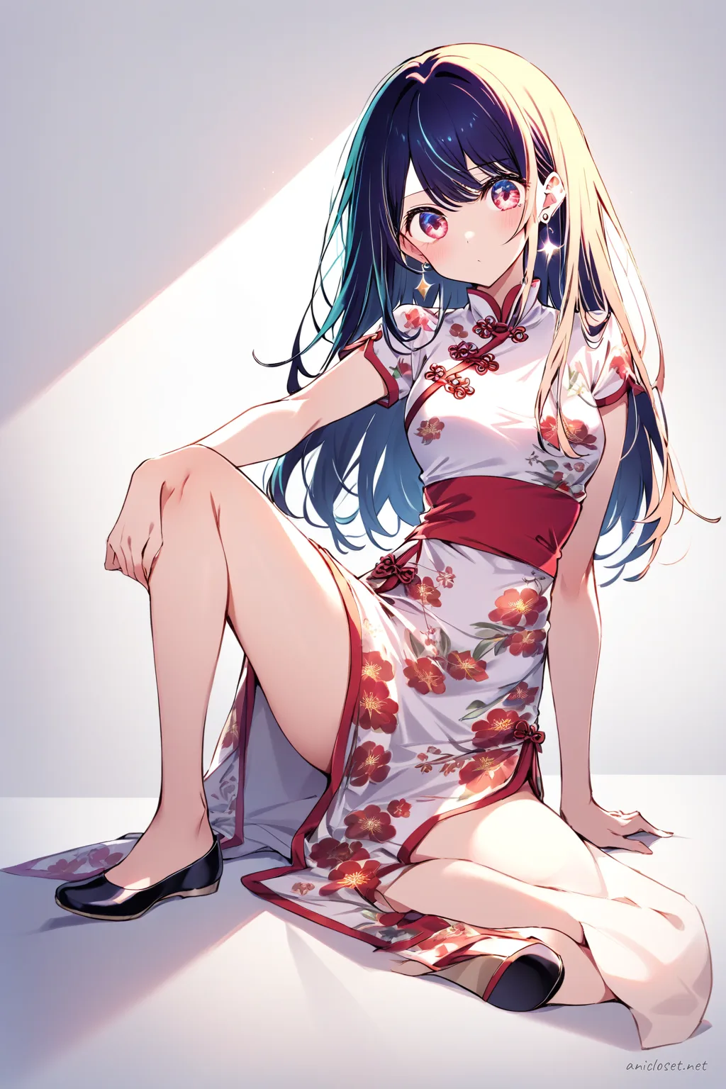 Ai Hoshino wearing a knee-length short-sleeve summer qipao with floral pattern and fitted waist, shown in a knee-up half-body pose under soft studio lighting
