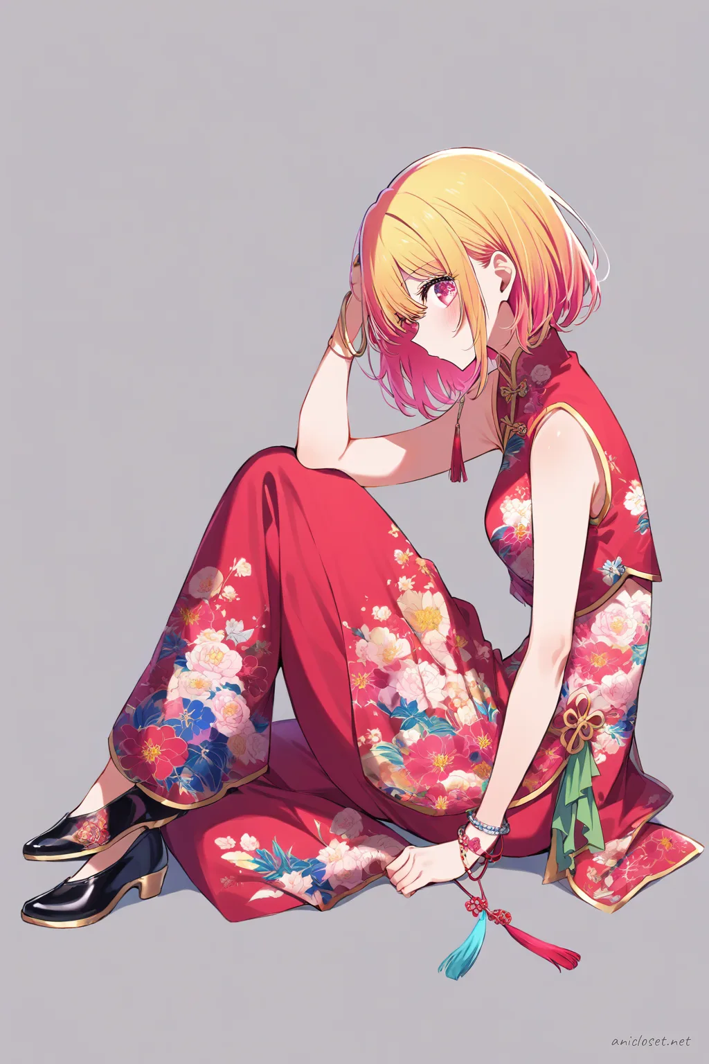 Full-body illustration of Ai Hoshino wearing a sleeveless qipao top with high collar and floral embroidery, paired with wide-leg trousers and flat slip-on shoes, posed in three-quarter view against a clean studio background