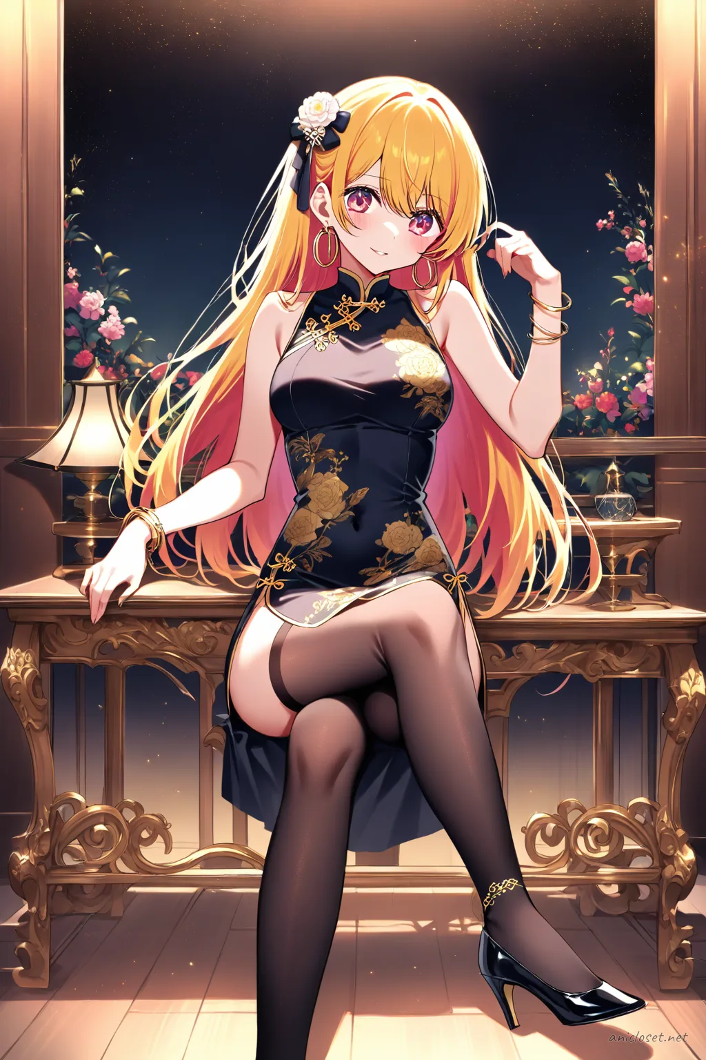 Full-body three-quarter view illustration of Ai Hoshino wearing a black satin sleeveless qipao with gold embroidery, high slit, mandarin collar, gold bangle bracelet, gold hoop earrings, sheer black stockings, black high heels, and holding an elegant evening clutch against a simple studio background