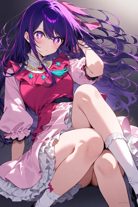 Ai Hoshino wearing a knee-length qi-Lolita hybrid China dress with high collar, frilled hem, puff sleeves, lace trim, jade charm necklace, white ankle socks, and Mary Jane shoes in soft studio lighting