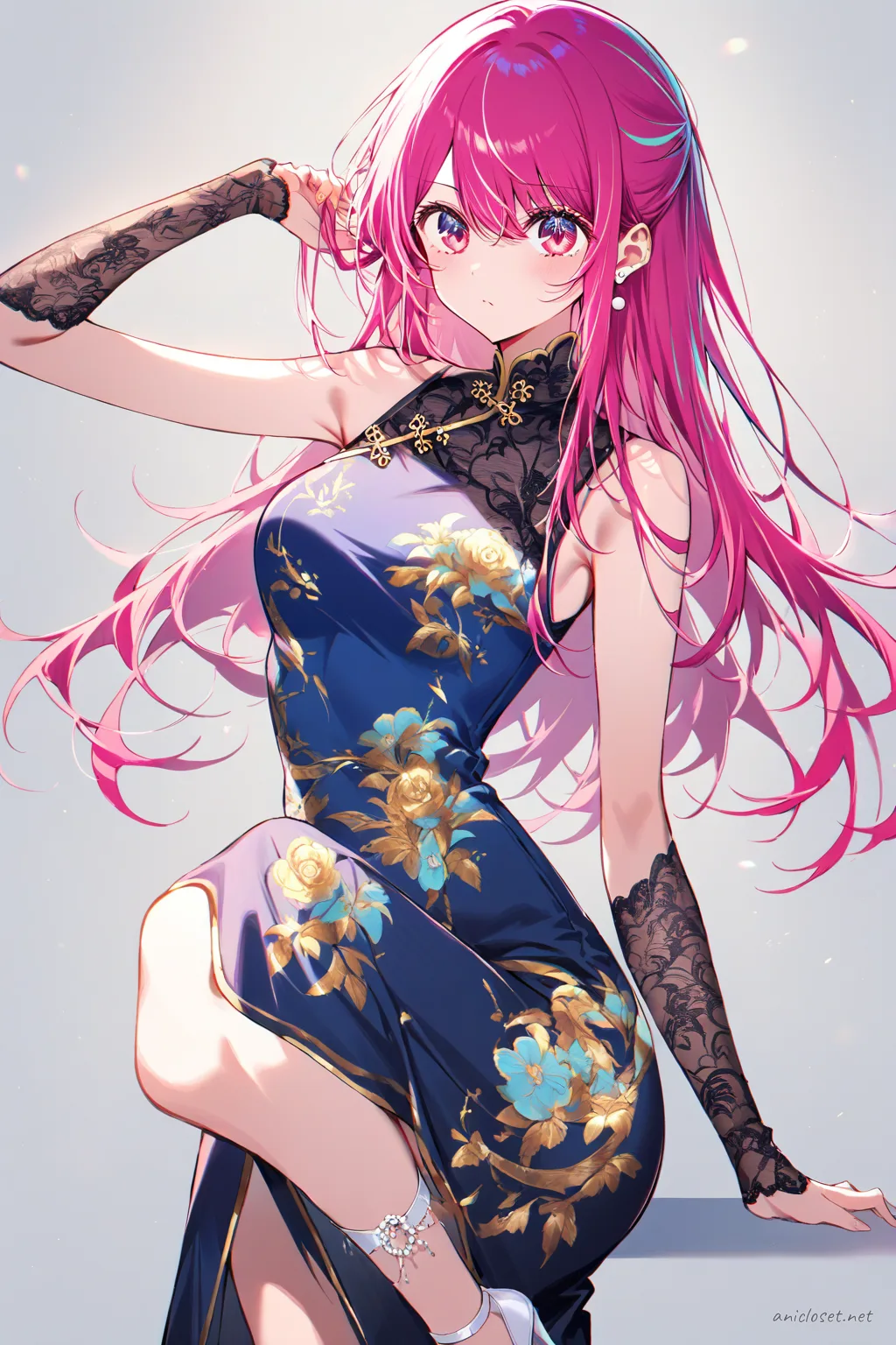 Illustration of Ai Hoshino wearing a blue floral qipao with high slit and sheer black lace sleeves, pearl earrings, and white ankle strap heels in soft studio lighting