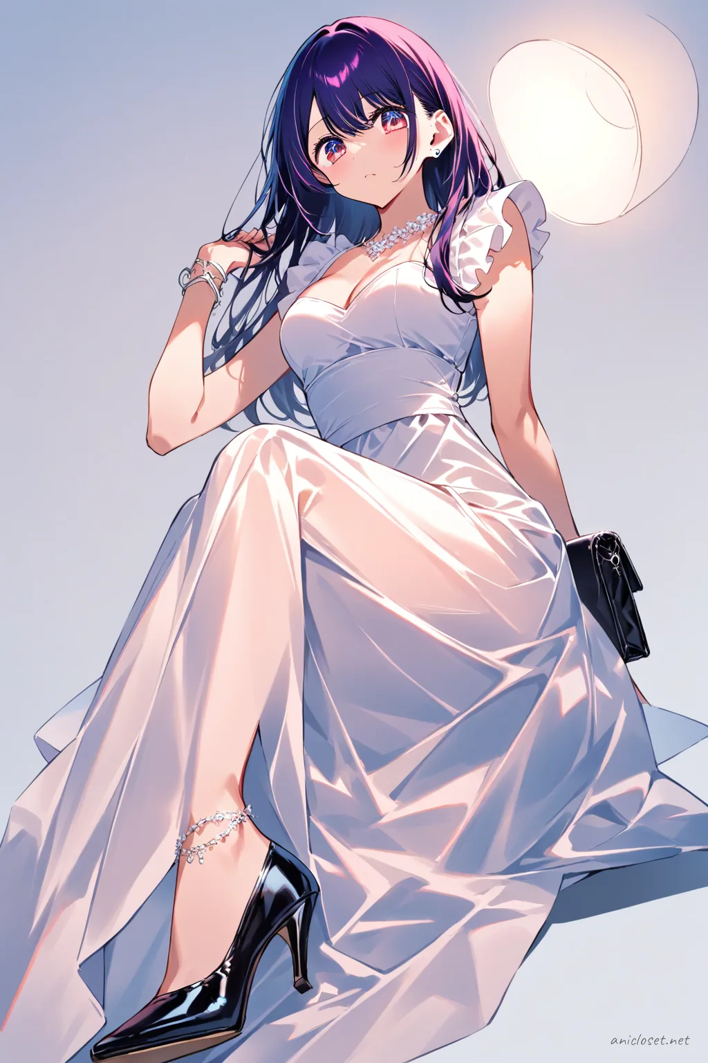 Ai Hoshino wearing a floor-length satin evening gown with a fitted bodice and sweetheart neckline, holding a small satin clutch, knee-up half-body view under soft studio lighting