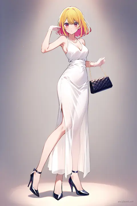 Full-body three-quarter view of Ai Hoshino wearing a sleeveless knee-length cocktail dress with fitted waist and sheer chiffon overlay, accessorized with pearl necklace, delicate bracelet, ankle strap stiletto heels, and clutch purse against a clean studio background