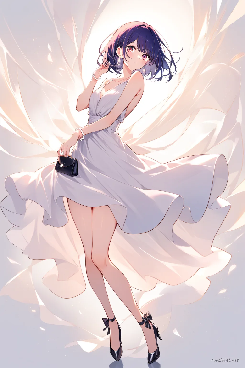 Ai Hoshino wearing a sleeveless knee-length satin cocktail dress with v-neckline, elegant ankle strap heels, clutch purse, pearl earrings, and delicate bracelet in soft studio lighting