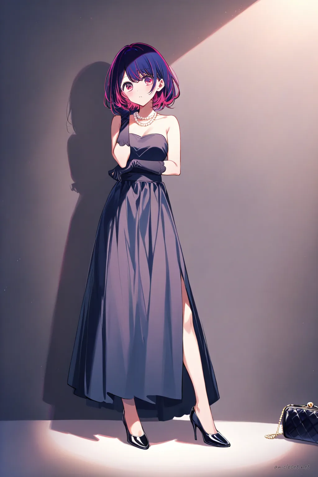 Ai Hoshino in a black strapless floor-length gown with black opera gloves and stiletto heels, standing in a clean studio backdrop