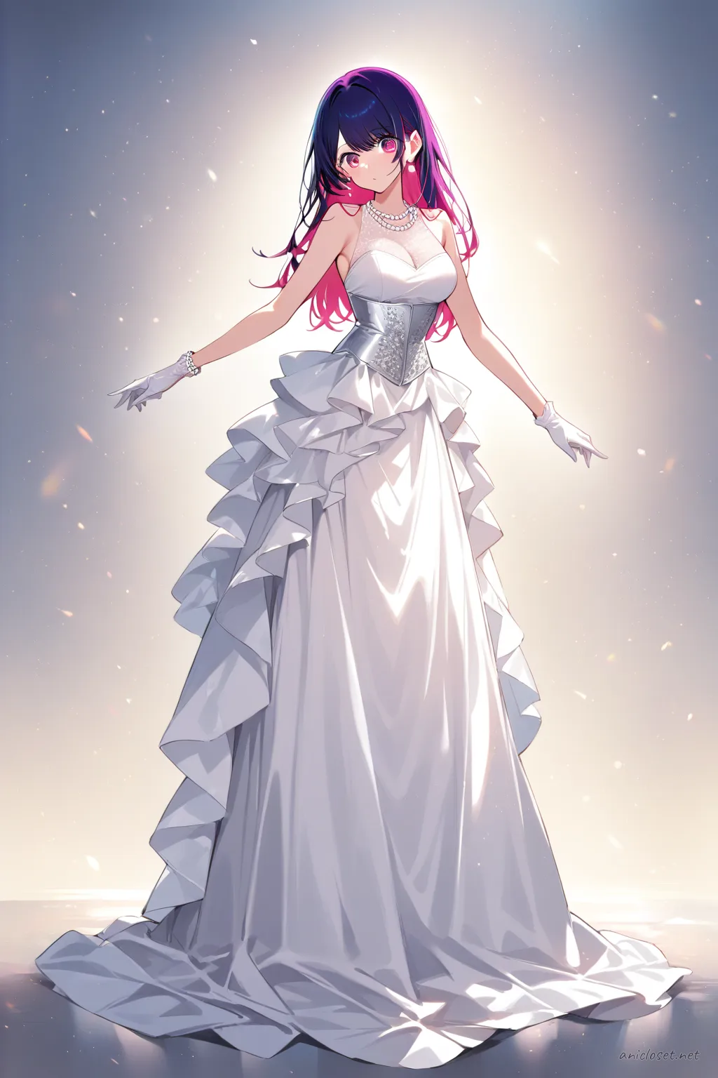 Full-body illustration of Ai Hoshino standing in a white sleeveless floor-length gown with pearl necklace, earrings, bracelet, white satin gloves, silver clutch, and white high heels against a clean studio backdrop