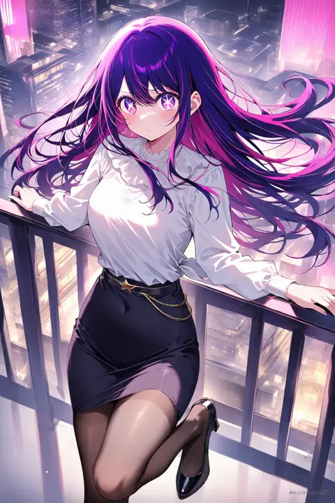 Ai Hoshino wearing navy wrap blouse and knee-length pencil skirt, leaning on balcony railing with windblown hair