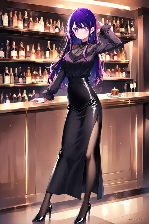 Ai Hoshino wearing black satin blouse and high-waist pencil skirt with front slit, sheer tights, and black stiletto heels, standing in studio