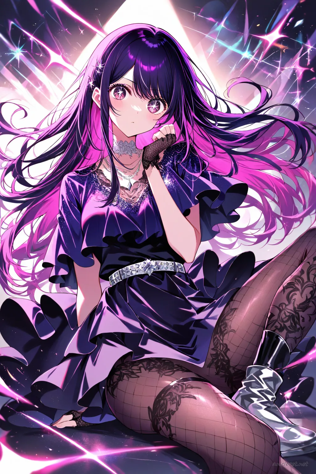 Full-body three-quarter view of Ai Hoshino wearing a black sequin crop top with sheer long sleeves, high-waisted leather mini skirt, silver chain belt, black fishnet tights, thigh-high patent leather boots, fingerless gloves, choker with dark gemstone, silver hoop earrings, smoky eye makeup, and dark red lipstick against a stage spotlight background