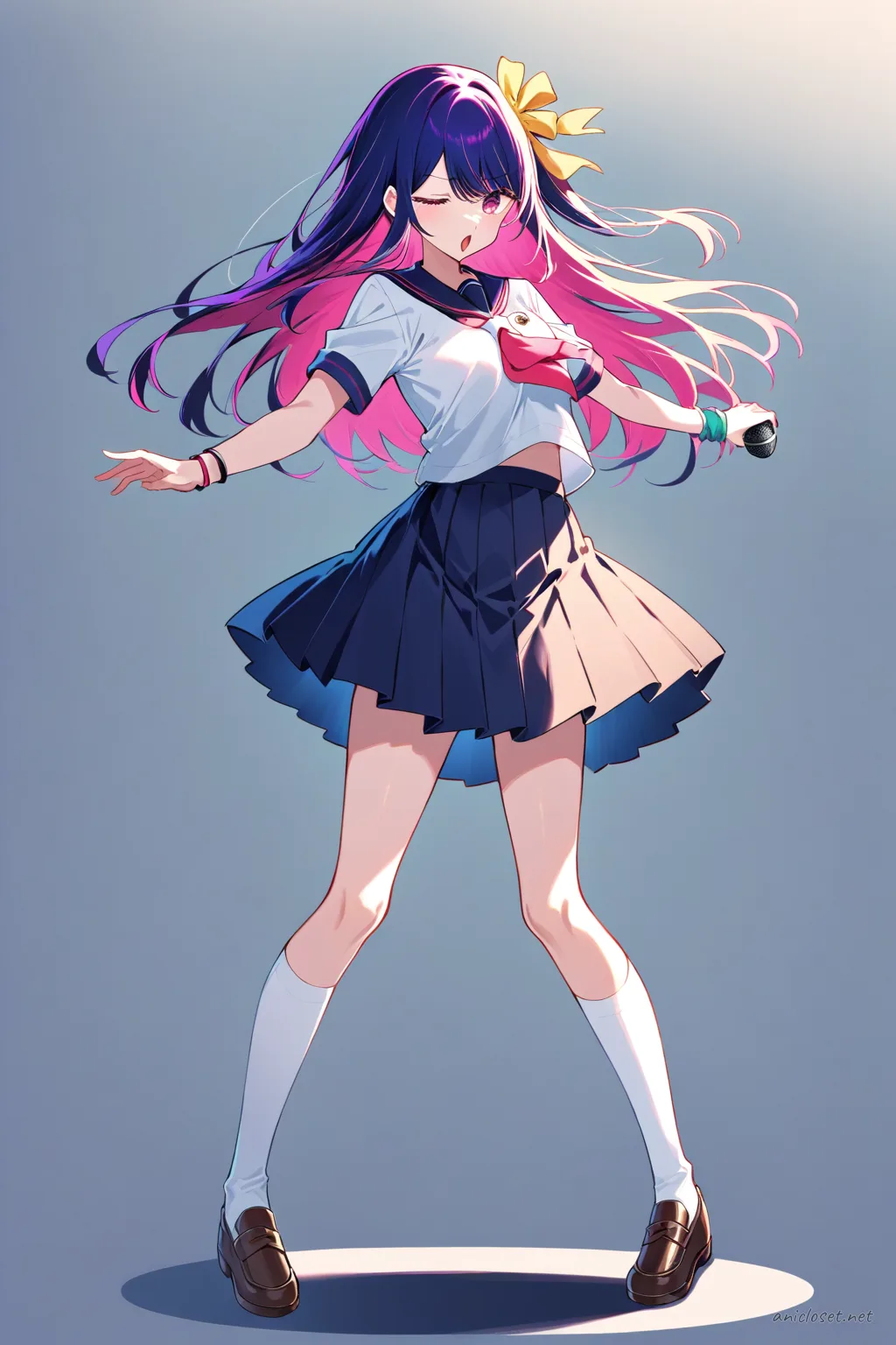 Full-body three-quarter view illustration of Ai Hoshino wearing a school-idol inspired stage costume with sailor collar, pleated skirt, ribbon neck tie, knee-high socks, loafers, short sleeve blouse, wrist cuffs, hair ribbon, and stage microphone headset on a clean background