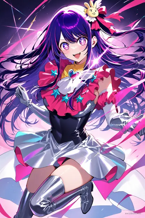 Full-body three-quarter view of Ai Hoshino wearing a futuristic idol costume with glossy panels, sheer long sleeves, metallic gloves, and thigh-high boots