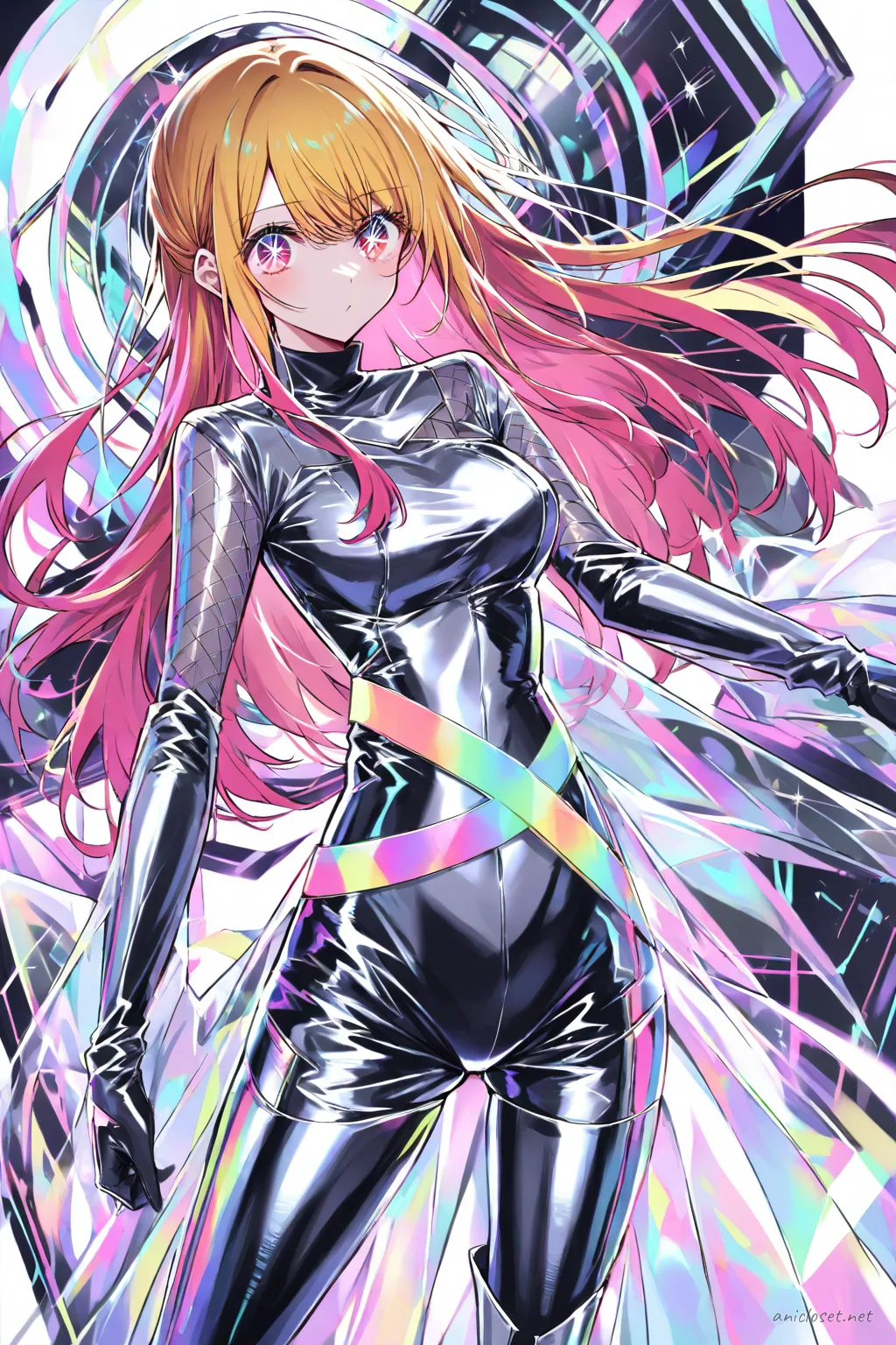 Knee-up half-body illustration of Ai Hoshino in a futuristic idol costume with metallic silver accents and fingerless gloves under soft studio lighting