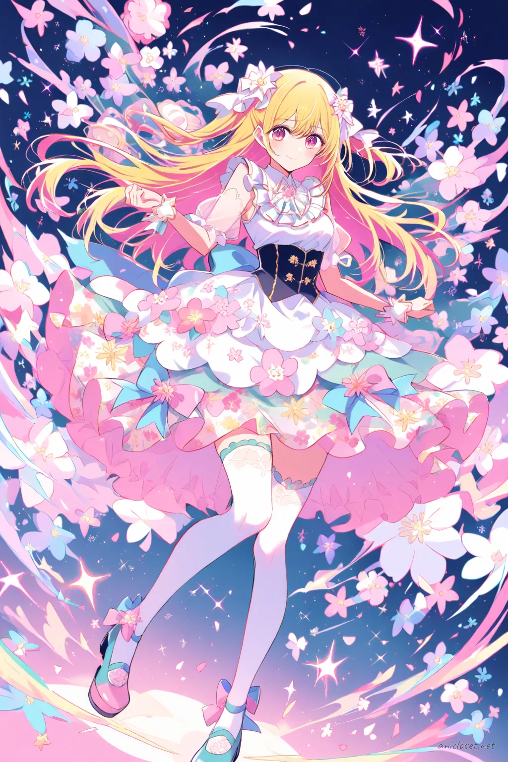 Full-body illustration of Ai Hoshino standing in a pastel pink sleeveless flower motif dress with sheer puff sleeves, white ankle socks, and Mary Jane shoes, wearing a delicate flower hair accessory and pearl bracelet, against a clean studio backdrop