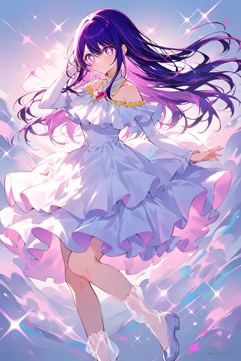 Full-body three-quarter view illustration of Ai Hoshino wearing a pastel lavender ballad midi dress with layered chiffon skirt, fitted bodice, off-shoulder sleeves, hair ribbons, white ballet flats, and sheer ankle socks on a clean studio background