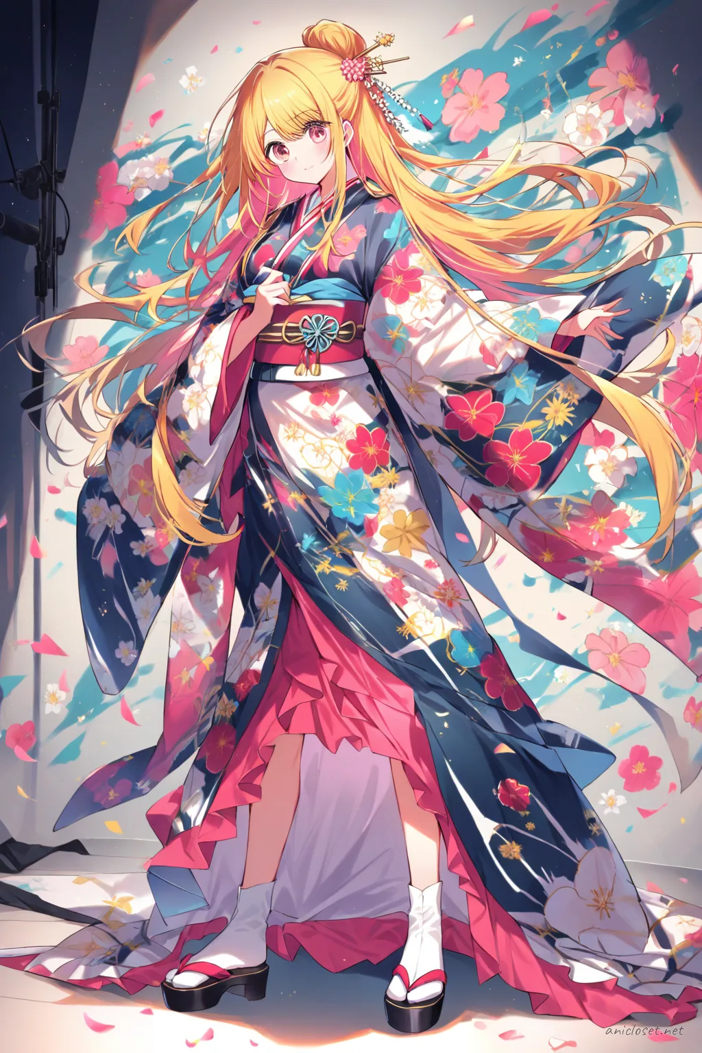 Full-body illustration of Ai Hoshino standing in a furisode kimono with floral patterns, ornate obi belt, tabi socks, and zori sandals against a clean studio backdrop