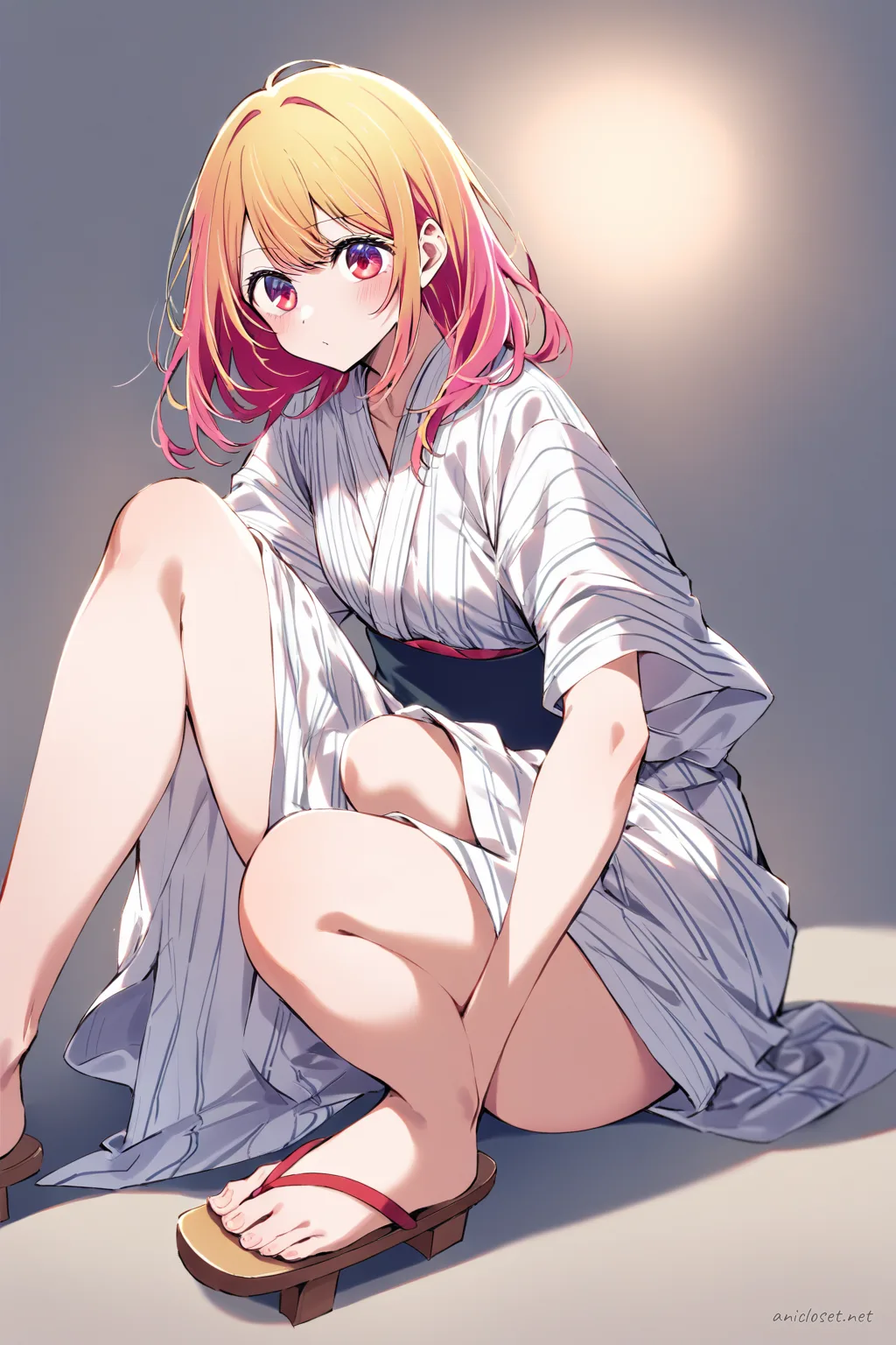 Ai Hoshino wearing a summer yukata with simple stripe pattern and geta sandals, knee-up half-body pose under soft studio lighting