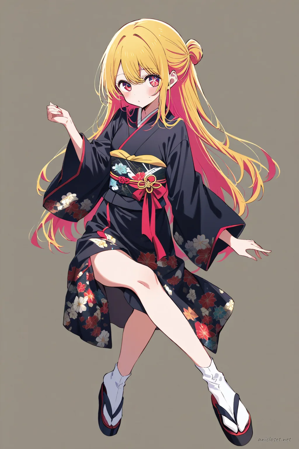 Ai Hoshino in a dark formal kimono with subdued floral pattern, black obi, and white nagajuban collar, shown knee-up in soft studio lighting