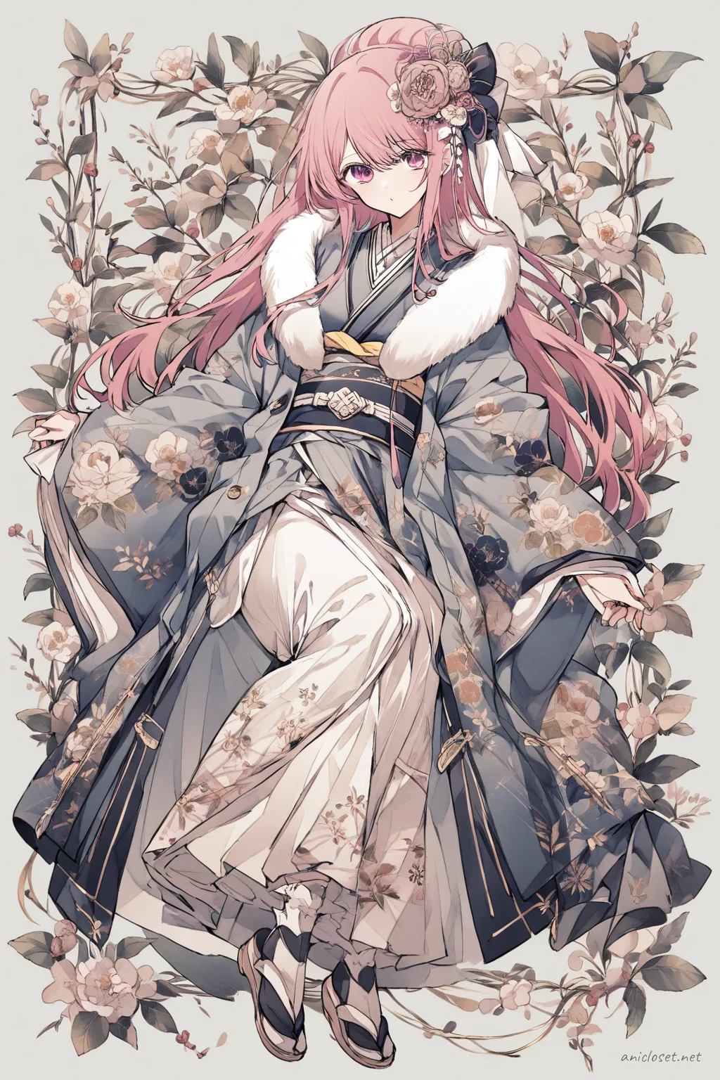 Full-body three-quarter view illustration of Ai Hoshino wearing a winter kimono with haori coat, showing layered fabrics, fur collar, obi belt, tabi socks, and zori sandals against a clean background