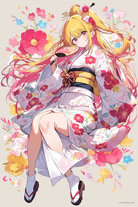 Full-body three-quarter view of Ai Hoshino wearing a bright floral yukata with pink and yellow colors, an intricate obi sash, festival hairpin, traditional geta sandals, tabi socks, and holding a handheld uchiwa fan against a simple studio background