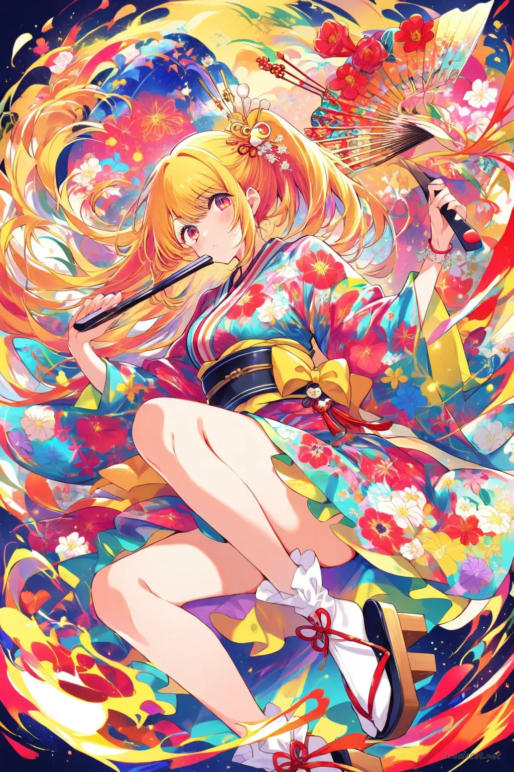 Full-body three-quarter view illustration of Ai Hoshino wearing a bright floral festival yukata with an obi belt, traditional wooden geta sandals, colorful festival hairpin, and wrist fan accessory against a simple studio background