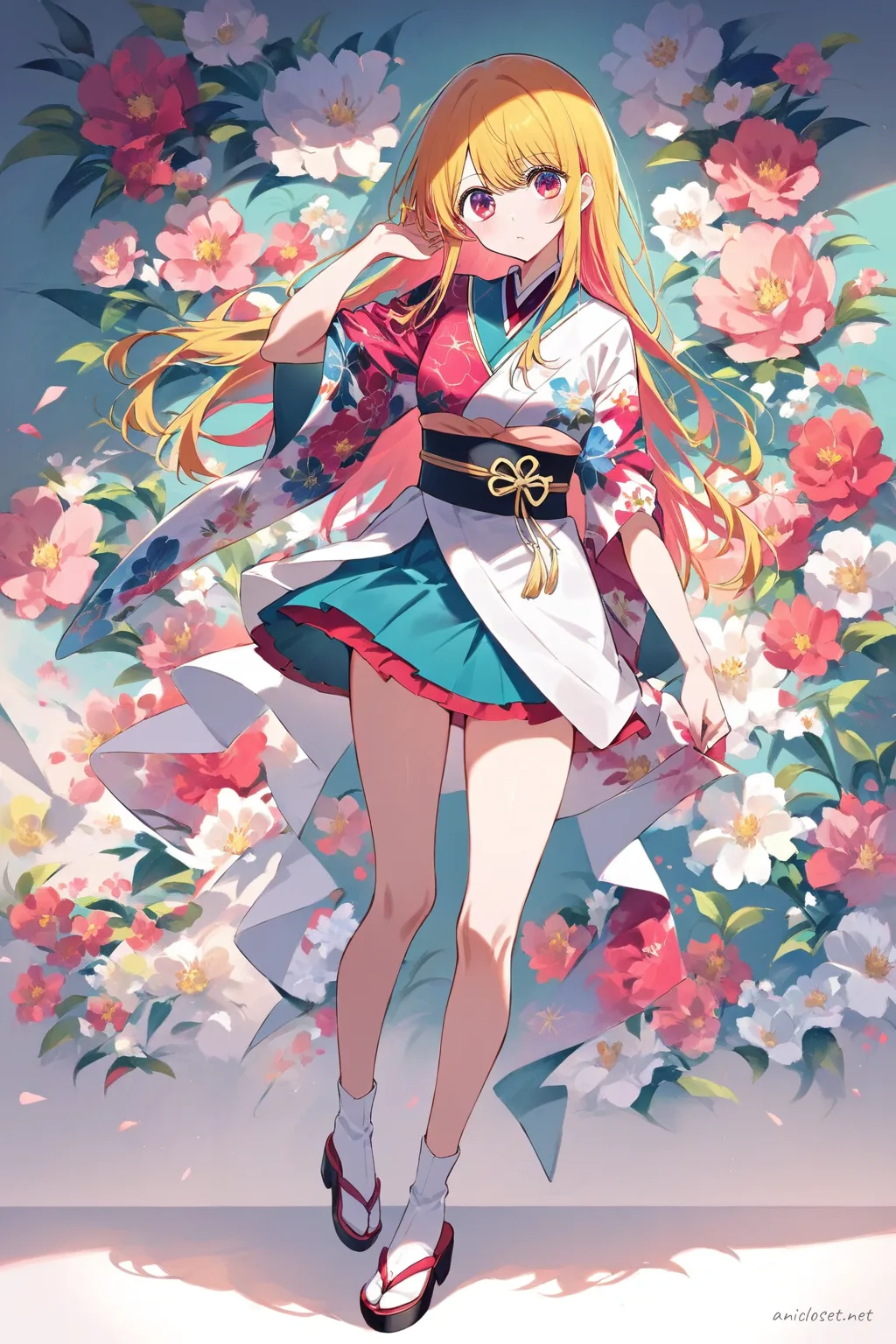 Full-body illustration of Ai Hoshino wearing a modern kimono with asymmetric obi, short sleeves, floral pattern, tabi socks, and zori sandals against a clean studio backdrop