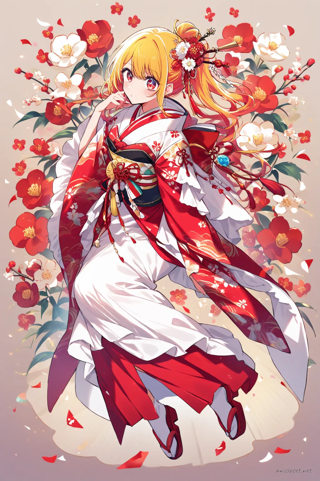 Full-body three-quarter view of Ai Hoshino wearing a red-and-white celebration kimono with white furisode sleeves and red obi, traditional hairpin, and red zori sandals on a simple studio background