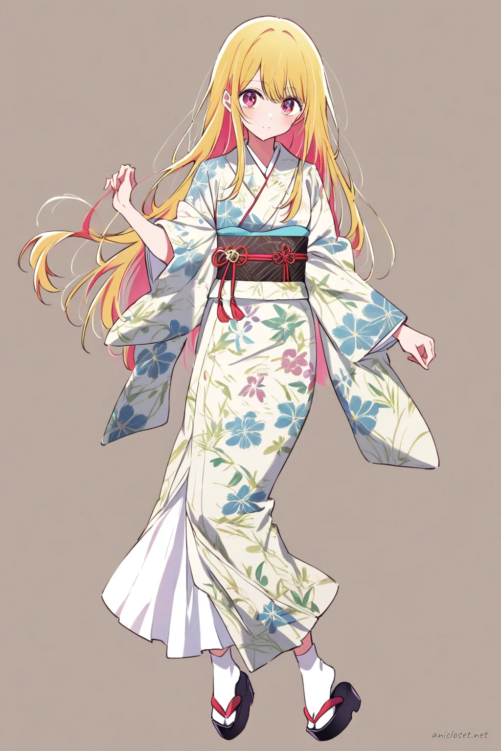 Full-body three-quarter view of Ai Hoshino wearing an indigo kasuri kimono with rustic texture, traditional obi belt, white juban collar, tabi socks, and zori sandals on a clean studio background