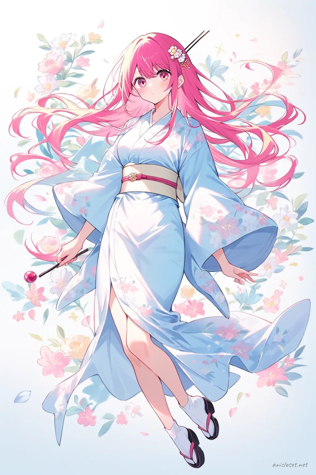 Full-body three-quarter view of Ai Hoshino wearing a soft pastel blue kimono with subtle floral patterns, light cream obi, and traditional zori sandals against a clean studio background