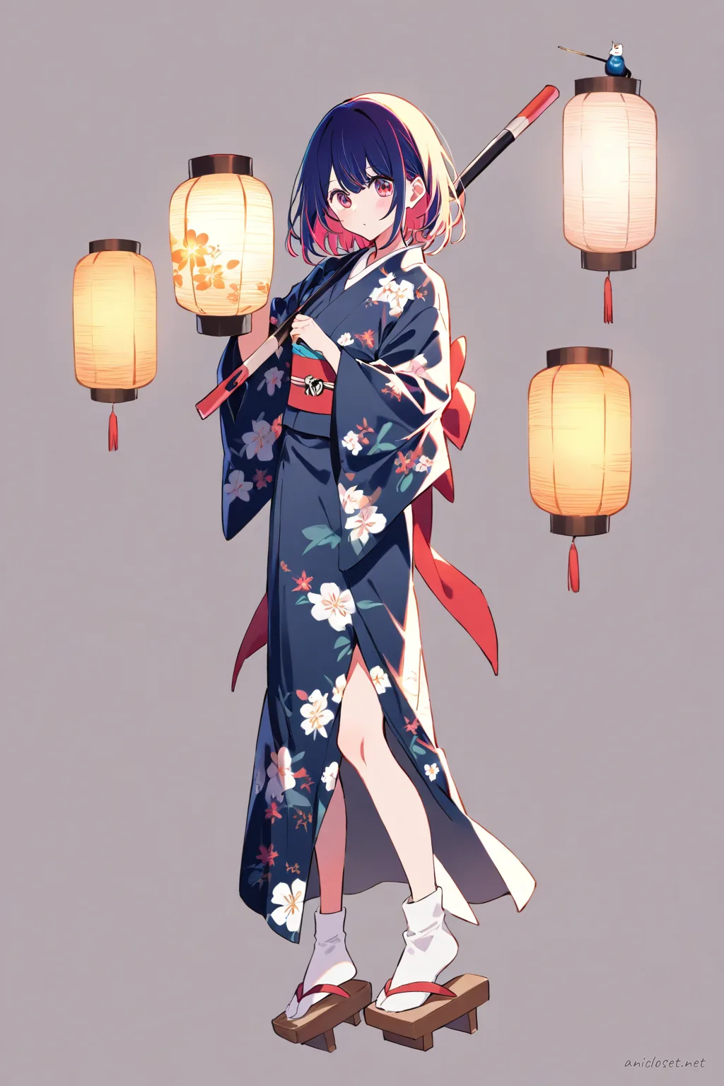 Full-body illustration of Ai Hoshino standing in a dark blue night yukata with subtle floral patterns, wide obi belt tied in a simple bow, white tabi socks, wooden geta sandals, holding a paper lantern against a clean studio backdrop
