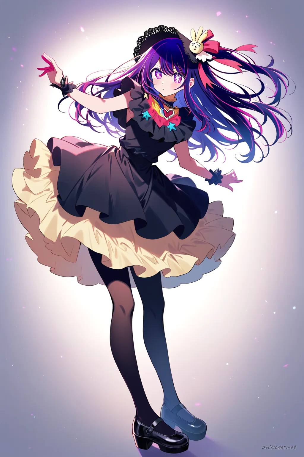 Full-body illustration of Ai Hoshino in a gothic black bell-shaped Lolita dress with lace collar, bonnet, opaque tights, and platform shoes on a clean studio backdrop