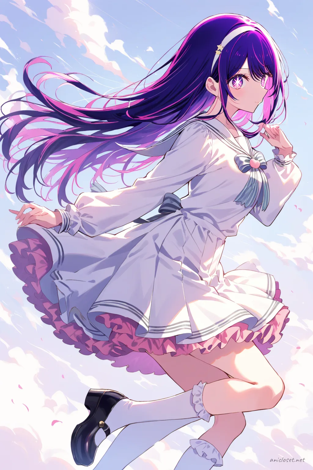 Full-body three-quarter view of Ai Hoshino in navy sailor Lolita dress with pleated bell skirt, white striped bow, knee socks, and mary jane shoes