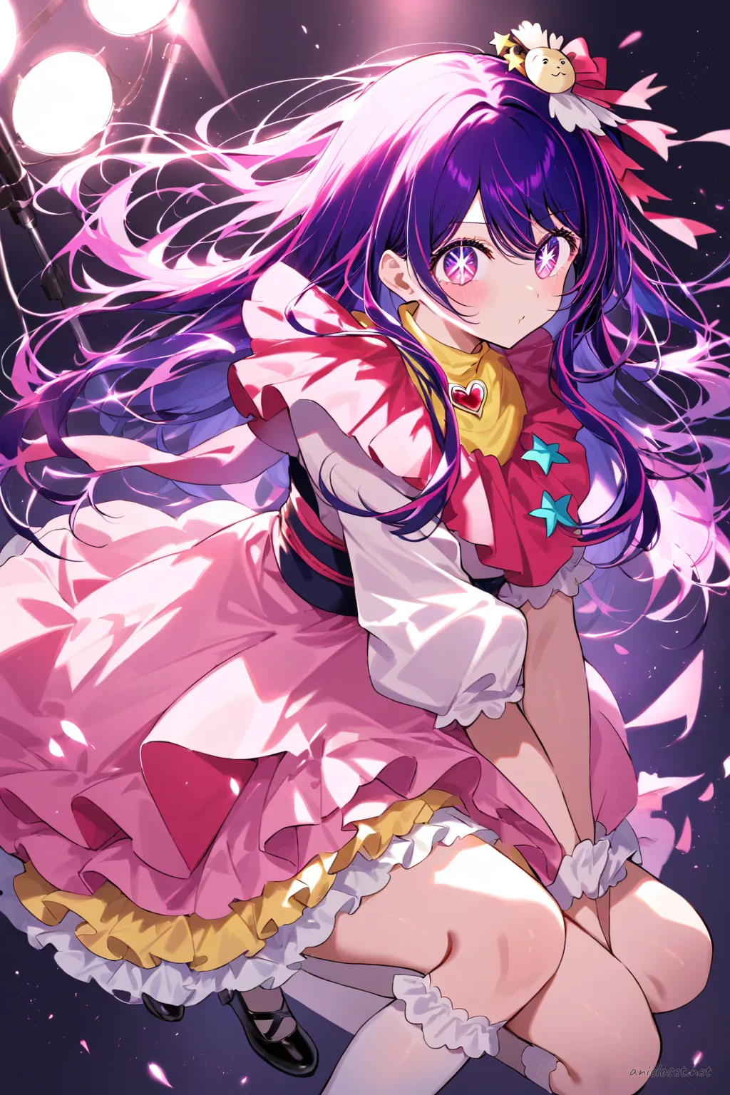 Ai Hoshino wearing a wa-Lolita dress with kimono sleeves, floral petticoat skirt, and obi bow under soft studio lighting